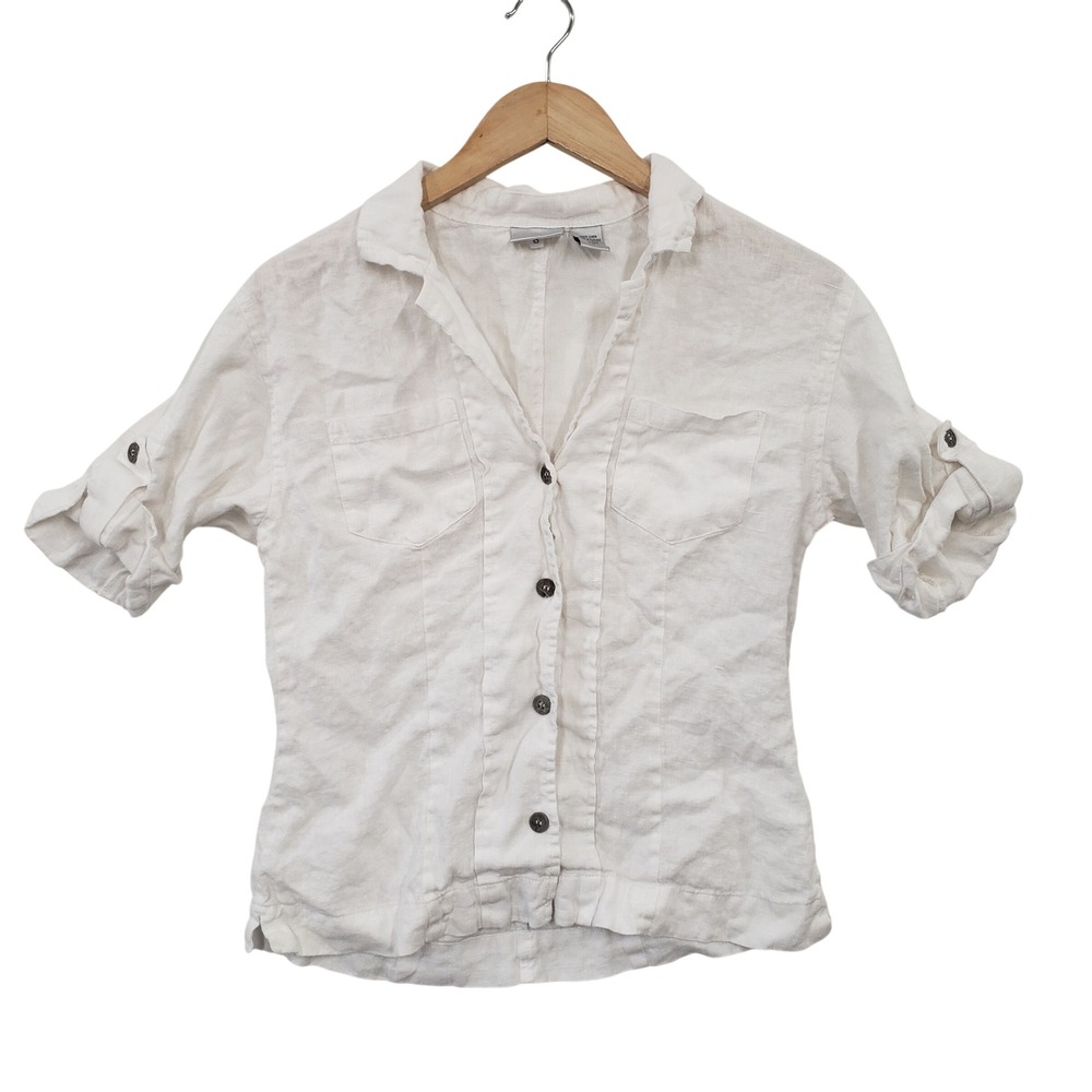 Chicos Linen Button Down Shirt White‎ Roll Tab Sleeve Size S Coastal Minimalist